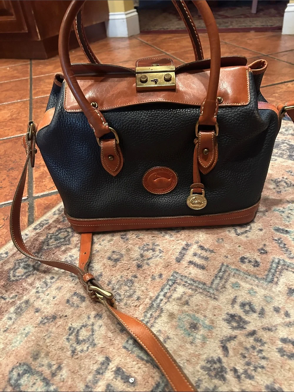Dooney & Bourke Navy Pebble Leather Satchel with Tan Trim